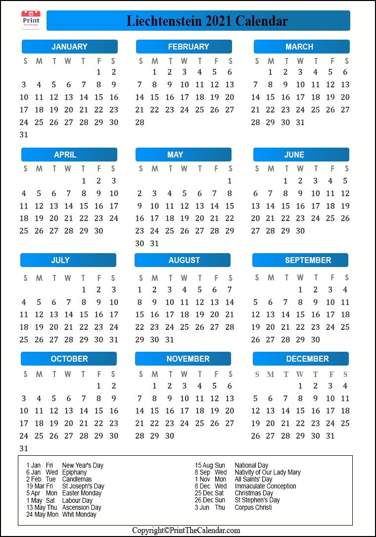 Liechtenstein Calendar 2021